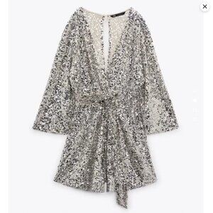 BRAND NEW WITH TAGS Zara Sequin Knotted Jumpsuit, Silver, Size Small